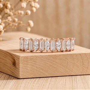 Bague de mariage en or massif 10K/14K/18K certifiée IGI, diamant de laboratoire taille baguette et marquise, couleur DEF, clarté VVS/VVS2, certifiée IGI - Product Image 2