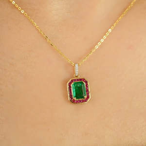 18K Gold Oval & Pear Cut <b>Emerald</b> Halo Ruby <b>Pendant</b> with Diamonds in PT950 - Product Image 3