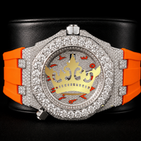 Montre de sport de luxe personnalisée avec bracelet en caoutchouc orange, boîtier carré en acier inoxydable, cadran en cristal saphir, entièrement pavé de diamants, chiffres arabes