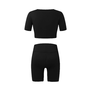 Women's Black 2 Piece Sports <b>Set</b> <b>Short</b> Sleeve Crop <b>Top</b> High Quality <b>Shorts</b> Solid Color Breathable Knitted Spring Summer <b>Set</b> - Product Image 6