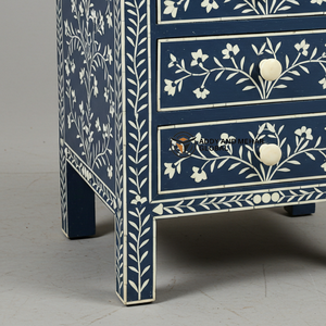 Mesa de Noche Artesanal Moderna y Ecológica con Incrustaciones de Hueso Azul, Diseño Floral, 2 Cajones, para una Vida de Lujo - Product Image 2