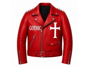 Blouson de moto en cuir PU rouge imperméable gaufré pour homme, fermeture éclair, imprimé croisé, col rabattable, style hiver - Product Image 1