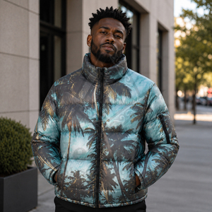 Heritage Masonic Regalia Custom Logo Quilted Puffer Jacket Winter Stand Collar Full Sleeve Printed Palm <b>Tree</b> Pattern Unisex Coat - Product Image 4