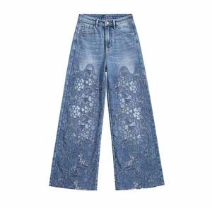 Jean large en denim patchwork à strass pour femme, effet usé, transparent, taille haute, coupe ample, délavage vintage - Product Image 1