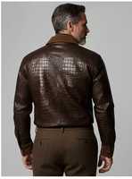 Veste en cuir PU marron pour homme, effet crocodile, col rabattu, bouton unique, coupe ajustée, style moto, vêtement d'hiver pour homme, effet croco