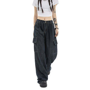 Pantalon cargo en jean taille haute pour femme grande taille, délavage foncé, coupe ample, longueur intégrale, style décontracté, 100 % coton, fermeture boutonnée - Product Image 4
