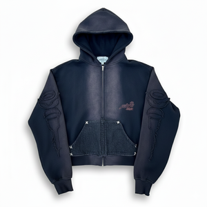 2026 Wholesale Best Men's Black Hooded Zip-Up washed Hoodie custom distressed applique logo hoodie for men - Product Image 1