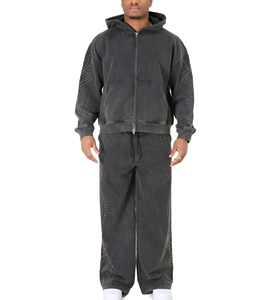 Ensemble de survêtements de jogging en molleton pour hommes, avec pantalon évasé, effet délavé et strass de haute qualité - Product Image 1