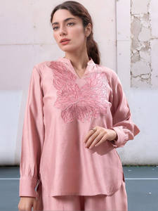 Último Diseño de Tela Estampada con Lentejuelas y Cordón Hecho a Mano, Top Color Durazno con Cuello en V y Mangas Largas para Verano 100% - Product Image 4