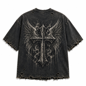 เสื้อยืดลายกราฟิกแบบทำเก่าสไตล์วินเทจ ผ้าคอตตอนหนานุ่ม พิมพ์โลโก้ตามสั่ง ผลิตเสื้อผ้าสตรีทแวร์ แบรนด์ Cross Winged โรงงานผู้ผลิต - Product Image 5