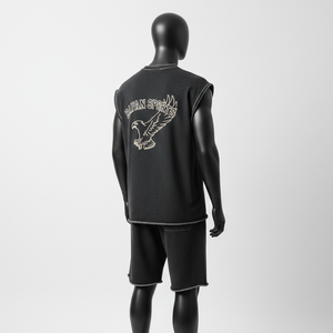 Conjunto de Pantalones Cortos sin Mangas de Felpa de Algodón Premium 100% para Hombre, Color Carbón, Bajo sin Rematar, Ropa Deportiva, Logotipo Personalizado con Impresión Puff - Product Image 5