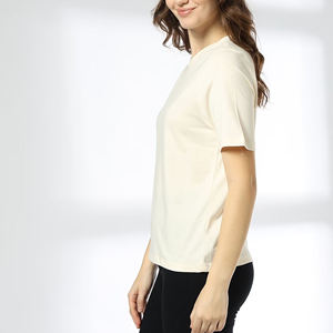 Custom Logo <b>Women's</b> <b>Cream</b> Cotton Crew Neck <b>T</b>-<b>Shirt</b> Short Sleeve Regular Fit Solid Color Casual Jersey Breathable All Seasons - Product Image 2