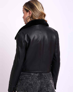 Blouson moto en similicuir noir pour femme, col en fourrure amovible, fermeture éclair, court, style motard, hiver - Product Image 3