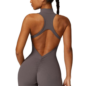 Mono de yoga sin mangas de cuerpo entero para mujer RTS, con media cremallera, sin costuras, de elastano y poliéster, color liso, AS-YJ-506 - Product Image 3