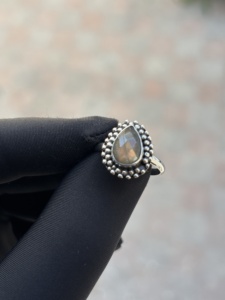 Handmade Classic <b>Men</b> Women's <b>Ring</b> Natural Blue Fire Labradorite Pear Cabochon 925 Solid Sterling <b>Silver</b> Gemstone Pave Setting - Product Image 2