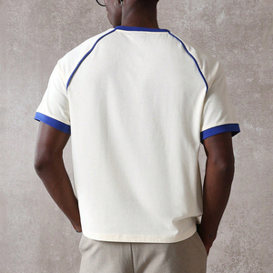 Men's <b>Cream</b> Raglan Sleeve <b>T</b>-<b>Shirt</b> With Blue Contrast Trim Regular Fit Casual O-Neck Jersey Cotton Top - Product Image 2