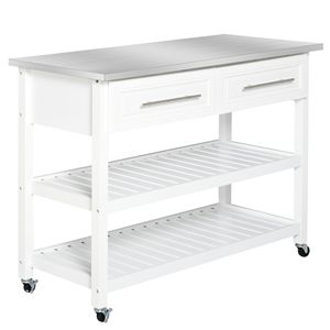 Carrello da Cucina Bianco su Ruote con Piano in Acciaio Inossidabile e Porta in Vetro, Carrello Mobile Realizzato in Truciolato di Legno - Product Image 1