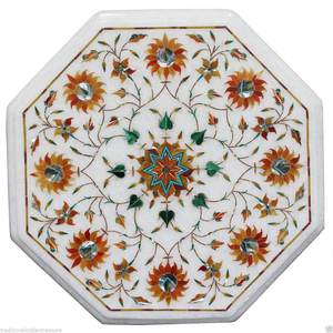 Mesa de Centro de Mármol Blanco Lapislázuli con Diseño Floral Antiguo Incrustado - Product Image 4