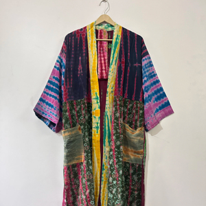 ชุดกิโมโนผ้าไหมส่าหรี ย้อมสีแบบไทได ทำมือ สไตล์วินเทจ โบโฮ สำหรับผู้หญิง - Product Image 4