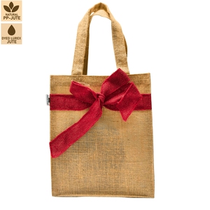 Sac cadeau de Noël en jute avec nœud en lurex rouge 26x30x10,5 cm, logo personnalisé, vente en gros, OEM, marque privée, emballage festif, sac fourre-tout, exportateur - Product Image 1