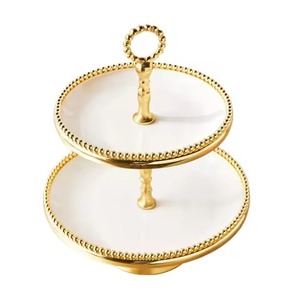 Luxury 2 Tier Gold Metal Beaded Rim <b>Cake</b> <b>Stand</b> <b>White</b> Enamel Round Platters Top Ring Handle High Tea <b>Cake</b> <b>Stand</b> For Wedding - Product Image 1