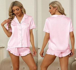 Conjunto de Pijamas de Satén para Mujer, Manga Corta, Color Negro Sólido, Cuello Camisero, Cintura Elástica, Ropa de Dormir Clásica Transpirable para Primavera/Verano - Product Image 3