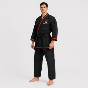 WAPRO INDUSTRY Kimono de Karate Negro con Ribete Rojo, Uniforme de Artes Marciales para Hombre, Corte Regular, Duradero, 100% Algodón, Ropa de Entrenamiento para Adultos - Product Image 1