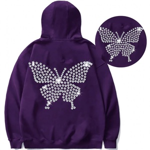   Sweat-shirt à capuche oversize en molleton de coton épais avec motif papillon en strass, style streetwear - Product Image 1