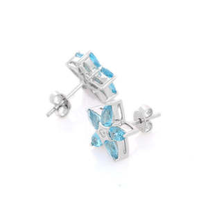 18K White Gold Blue Topaz Flower Stud <b>Earrings</b> with Diamond Accents - Product Image 2