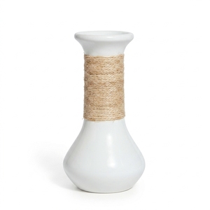 Jarrón Decorativo de Cerámica Blanca con Cuerda Trenzada en el Cuello, Maceta Floral Hecha a Mano, Accesorio Decorativo para el Hogar - Product Image 1