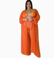 Plus Size Sheer Mesh 3-delige badpakset Halter Bikini Lange Mouwen Open Voorkant Maxi Sarong Wijde Pijpen Broek Dames Badkleding