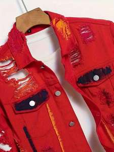 Crescent Wear Men's Red Ripped Denim <b>Jacket</b> Regular Fit <b>Punk</b> Style Button Fly Solid Color Wash Eco-Friendly Cotton Fabric Winter - Product Image 2