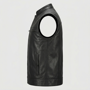 Chaleco de cuero genuino negro premium para hombre, chaleco de motociclista sin mangas con bolsillos con cremallera y cuello alto - Product Image 3