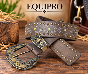 Ceinture réversible en cuir véritable marron Equipro, robuste, cloutée, avec strass et boucle à ardillon gaufrée, en cuir de vachette, style décontracté - Product Image 2
