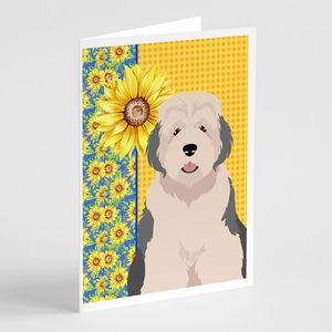 Summer Sunflowers Old English Sheepdog Cartes de vœux Pack 8 Whimsical A7 Size 5x7 Blank Note Cards with Enveloppes - Product Image 1