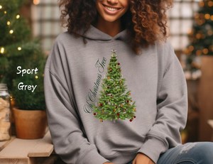 Unisex Sport <b>Grey</b> Hooded <b>Sweatshirt</b> Christmas Tree Print Casual Winter Wear Regular Fit Knitted Pullover Front Logo - Product Image 1