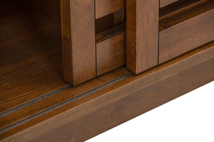 Walnut-finish wooden shoe rack cabinet with sliding slatted doors, perfect for minimalist entryways. - Product Image 5