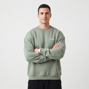 Sudadera Oversize para Hombre con Hombros Caídos, Venta al por Mayor, Alta Calidad, Estampado Personalizado, Verde Salvia Sólido, Algodón, Cuello Redondo, Bordada - Product Image 1