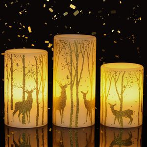 Confezione da 3 Candele a LED Senza Fiamma Effetto Tremolante, a Batteria, con Timer 6 Ore, Cera Vera, Decorazione Cervo e Luce Calda - Product Image 1