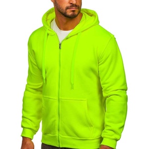 Sweat-shirt à capuche zippé vert fluo pour homme, coupe classique, en molleton, décontracté, pour l'automne, couleur unie, tissu tricoté - Product Image 1