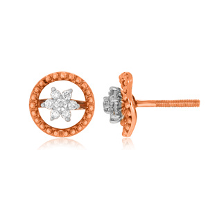 Boucles d'oreilles clous circulaires florales en or rose 14 carats avec diamants de laboratoire ronds, bijoux fins contemporains de créateur pour femmes, vente en gros - Product Image 3