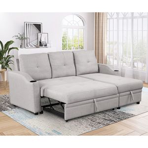 Divano Letto Moderno a 3 Posti Imbottito in Tessuto di Lino con Chaise Longue, Portabicchieri e Vano Contenitore - Product Image 2