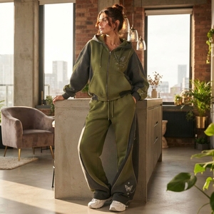 Women's Olive Green <b>Charcoal</b> Zip Hoodie Tracksuit Set Butterfly Print Color Oversized <b>Jogger</b> Pants - Product Image 3