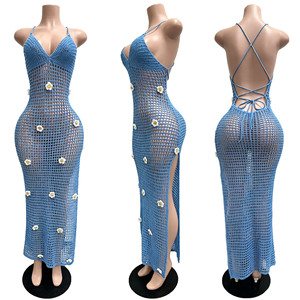 Vestido maxi bohemio sin cuello de punto y ganchillo, con aberturas florales, diseño sexy sin espalda y abertura, listo para la playa - Product Image 5