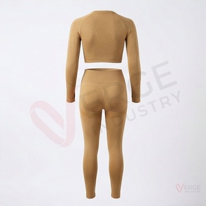 <b>Women</b> <b>Seamless</b> Yoga Set 2 Piece Long Sleeve Crop Top High Waist <b>Leggings</b> - Product Image 2