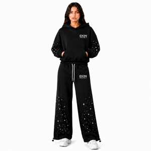 EKIN IMPEX Conjunto de Sudadera Premium de Peso Pesado con Estrellas de Diamantes de Imitación Negros, 2 Piezas: Sudadera con Capucha Corta de Corte Holgado y Dobladillo Ajustable con Cierre de Cordón - Product Image 3