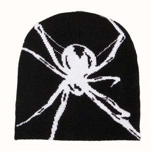 Gorro de punto Y2K de acrílico con estampado jacquard integral de calavera Mea Culpa y araña roja y negra, gorro de invierno estilo streetwear - Product Image 4