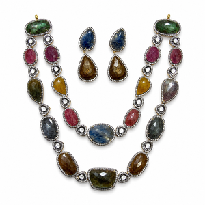 Parure Collier et Boucles d'Oreilles en Argent 925 Plaqué Or avec Pierres Précieuses Multicolores pour Femme, Bijoux Ethniques de Mariée, Idéal Cadeau - Product Image 4