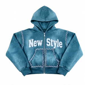 Sudadera con capucha de algodón French Terry con cremallera y pedrería, con efecto deslavado y logo personalizado, para venta en línea - Product Image 3