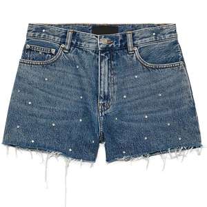 Shorts en jean bleu vintage personnalisés pour femme avec strass sur toute la surface et ourlet orné de strass, style streetwear OEM 2026 - Product Image 1
